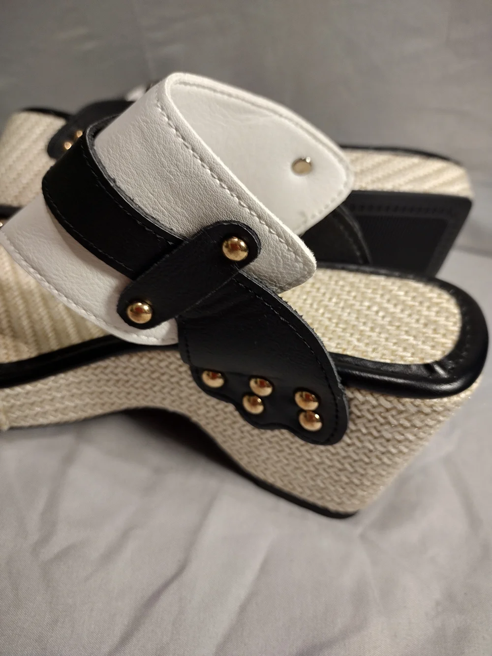 White and Black Wedge Thong Sandals